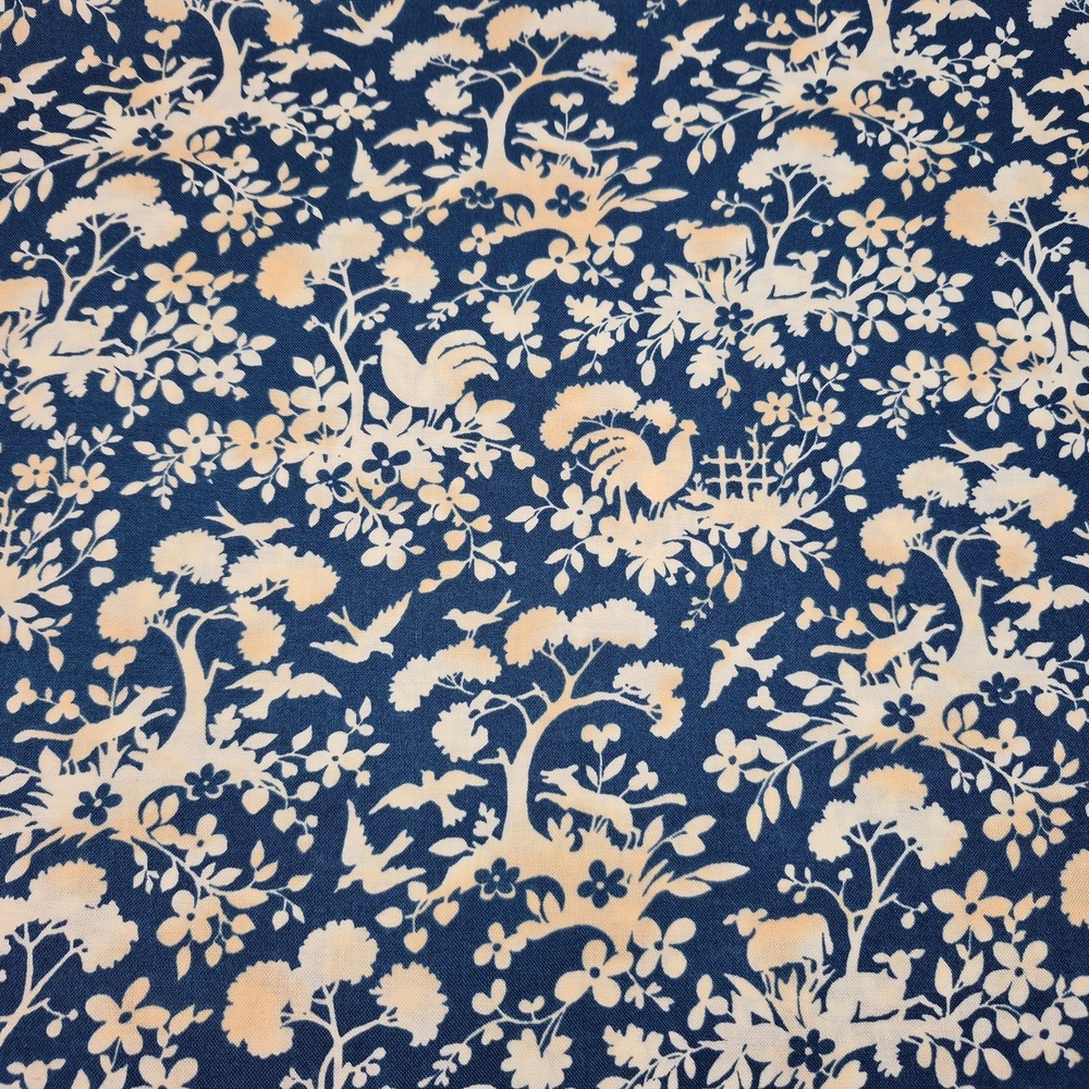 1.25 Yd American Museum Folk Art Peaceable Kingdom Cotton Fabric Blue Cream